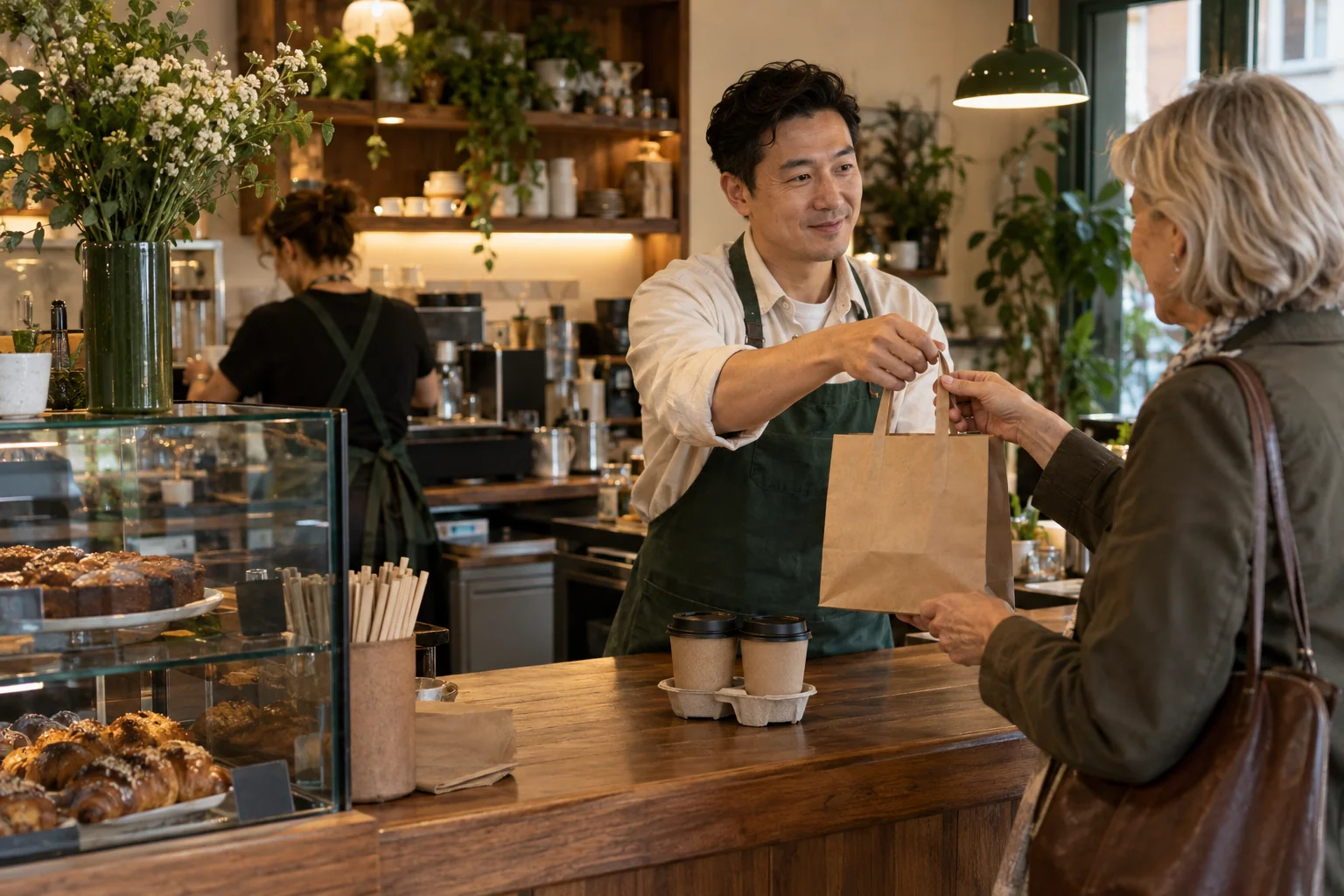 Ein Café-Inhaber übergibt einer Kundin ihre Bestellung zum Mitnehmen. KI-generiertes Bildmotiv.